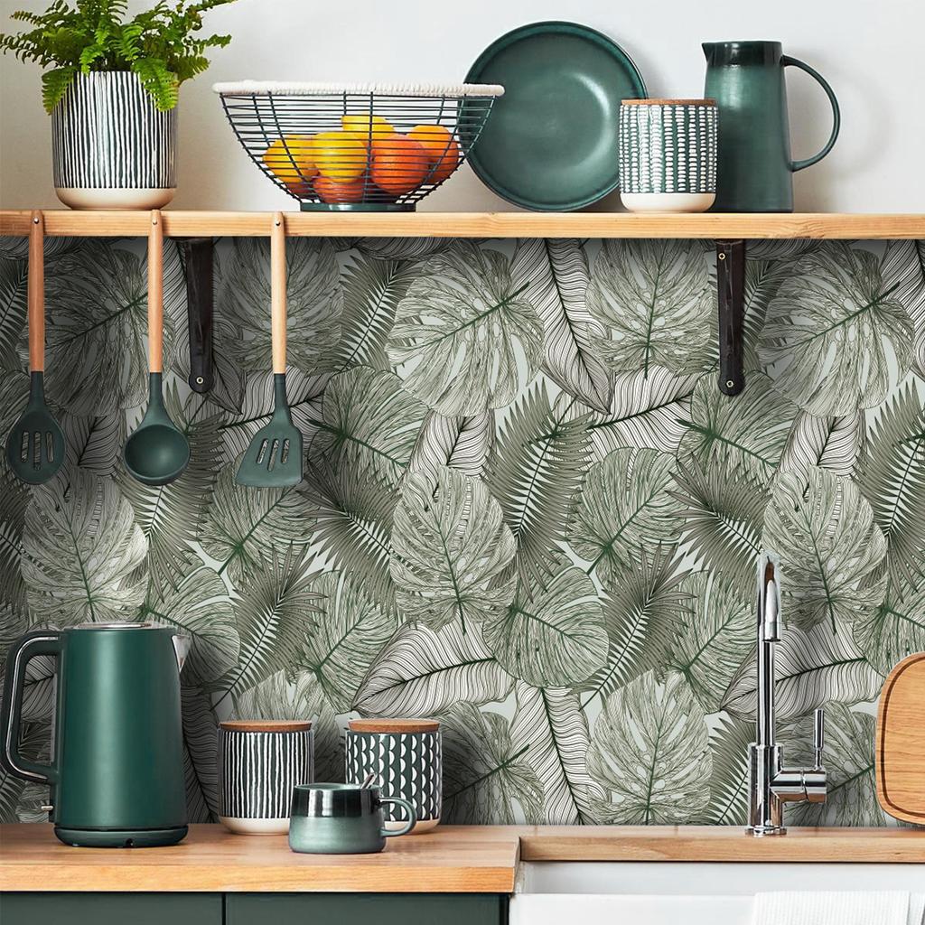 Papel de Parede Folha de Palmeira Autocolante Autoadesivo Pré-colado Impermeável para Armário de Parede de Restaurante