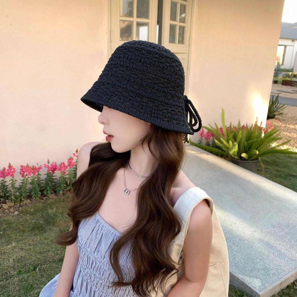 Color knitted hollow breathable bucket hat women's summer outdoor face small sunshade bucket hat women's basin hat