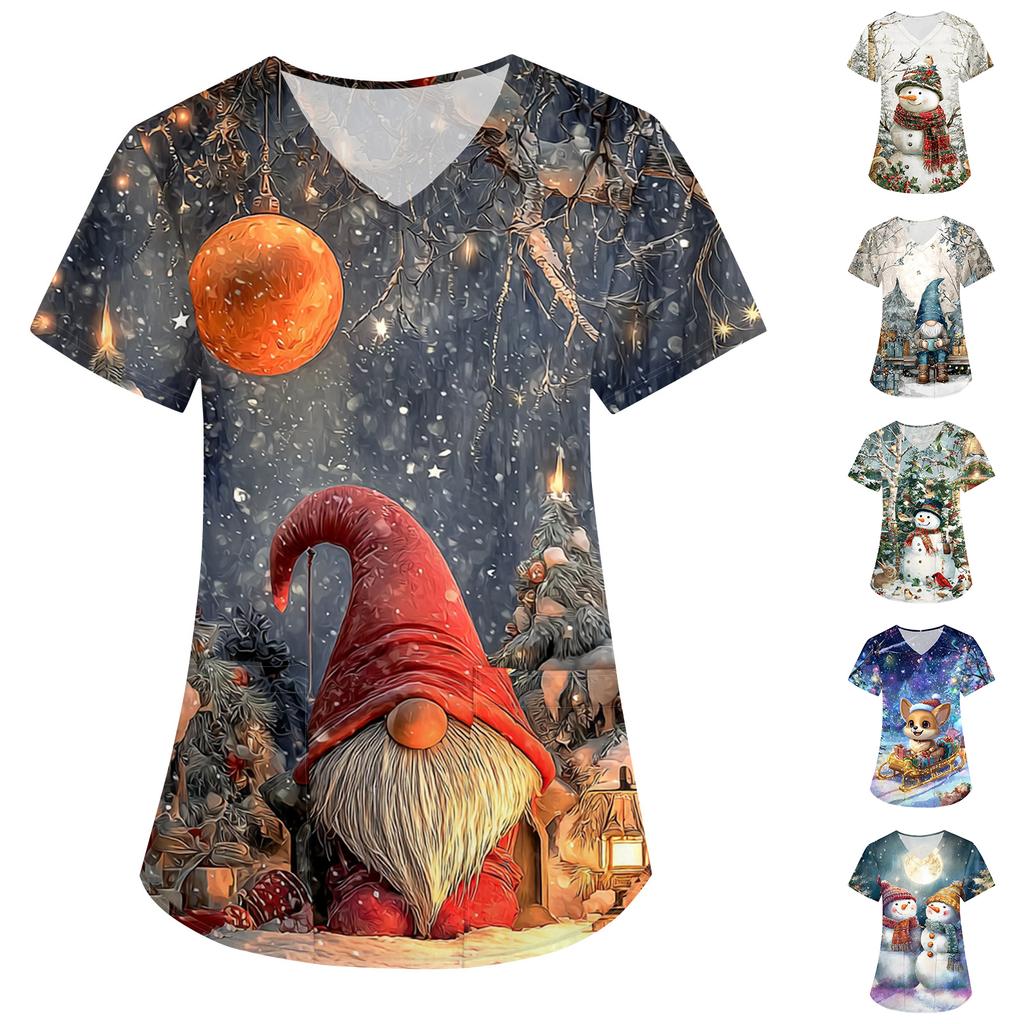 Dámský vánoční potisk volný výstřih do V kapsa krátký rukáv uniforma