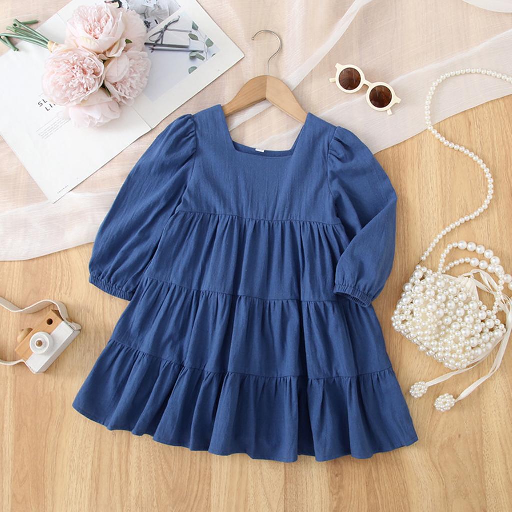 Girls' Fashion Cute Solid-Color Doll-Style Forest-Inspired Long-Sleeve Sweet Dress