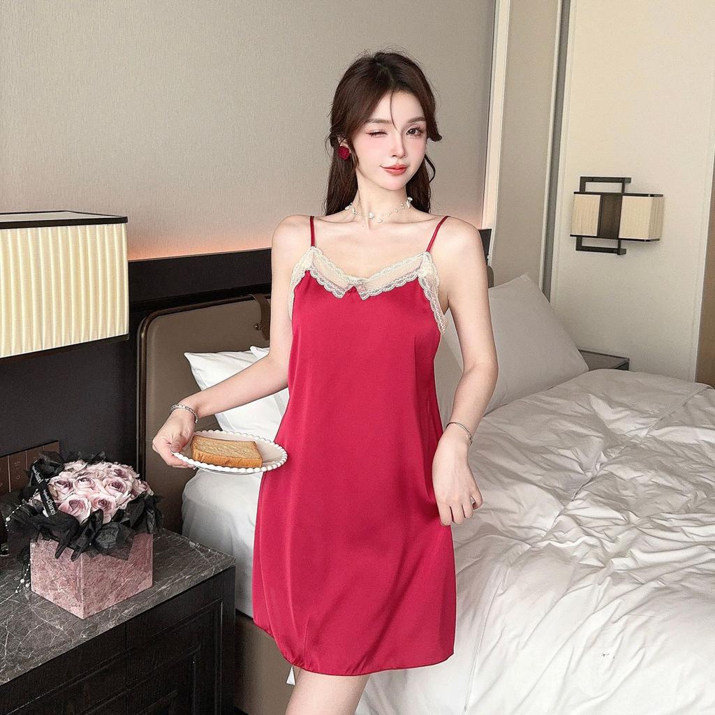 Sexy nightdress women's ice silk summer new model with chest pad lace thin suspender pajamas pure desire style loungewear