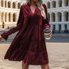 Spring Fall Women Dress Golden Velvet V Neck Pleated Patchwork Long Sleeves A-line Solid Color Knee Length Dating Shopping Midi Dress