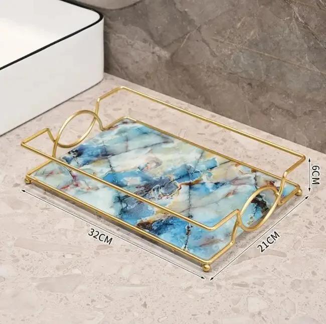 Lüks banyo rafı sondaj olmadan demir duvar rafı mermer tarzı cam tabak makyaj kutusu raf banyo aksesuarları