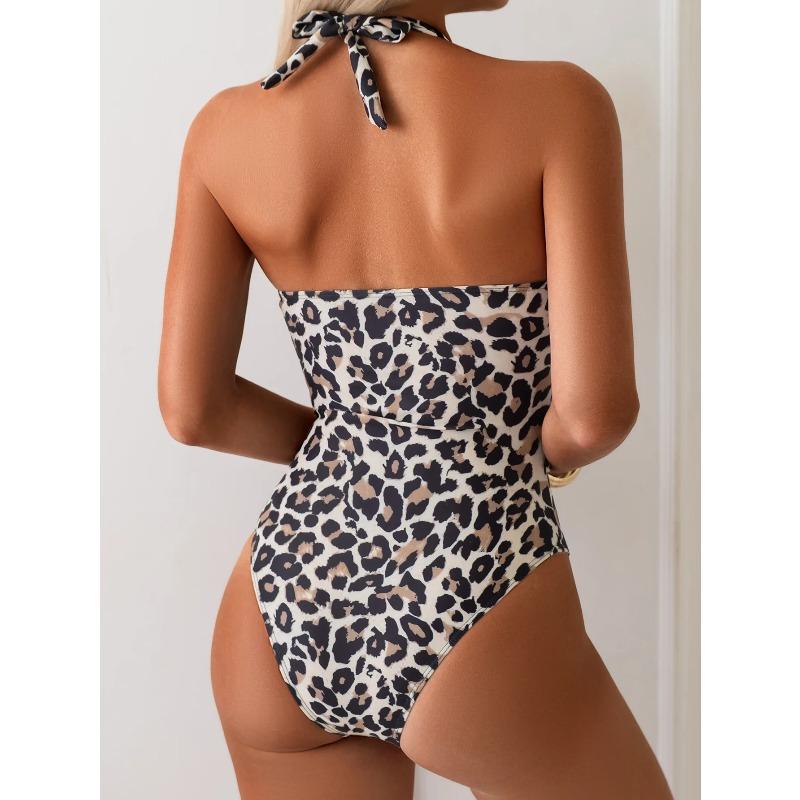 Costume da bagno vintage da donna con stampa leopardata marrone, con scollo a V e allacciatura al collo, modellante per la pancia, pezzo unico, costume da bagno da spiaggia, Monokini