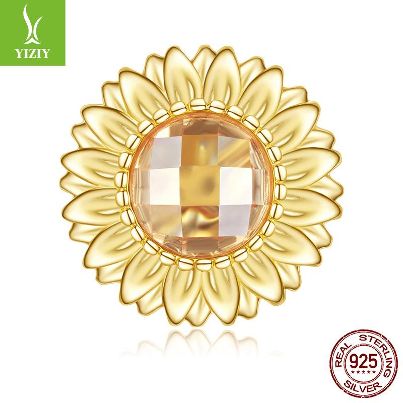 S925 Sterling Silver Plated K Gold Sunflower Beaded Sunshine Passion Sunflower Bead Accessories