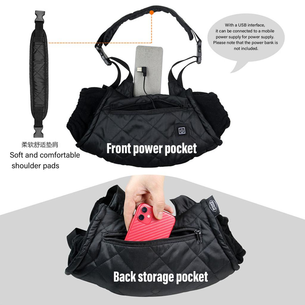 Electric Hand Warming Muff Black Both Sides Quick Heating Shoulder Strap USB Interface 3 Gears Heated Hand Pouch for Outdoor