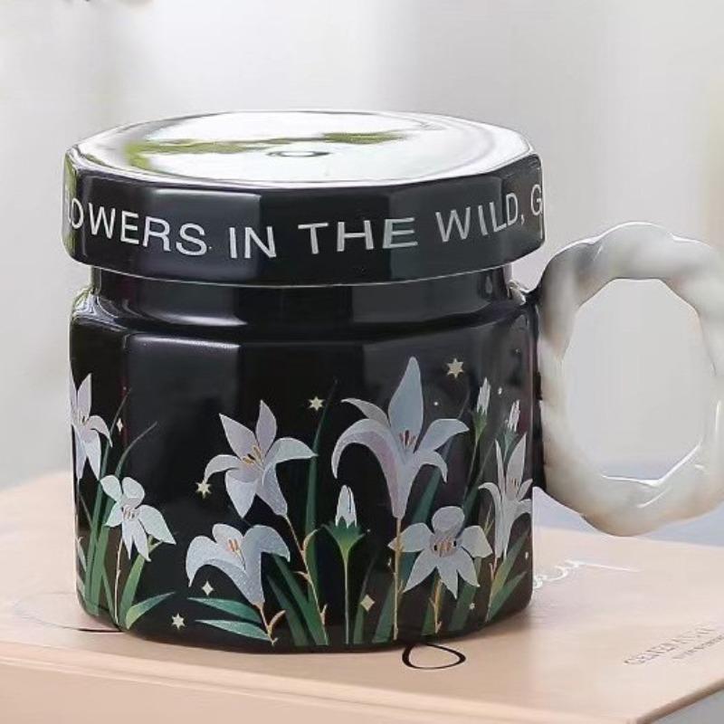 Retro Watercolor Flower Cup Ceramic Romantic Style Design Niche Coffee Mug Cover Light Luxury High End