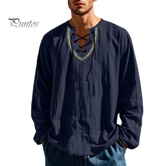 

Мужская повседневная рубашка со шнуровкой и V-образным вырезом, свободный крой, длинные рукава, винтажная этническая рубашка в стиле бохо, весна-осень, дышащая хлопковая мужская толстовка, топ M