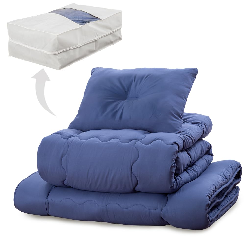 IRIS PLAZA And Washable Futon Antibacterial and Comes with a Neat Storage Smooth and Moist Peach Skin Finish Navy Ready-to-use 4-piece Set,