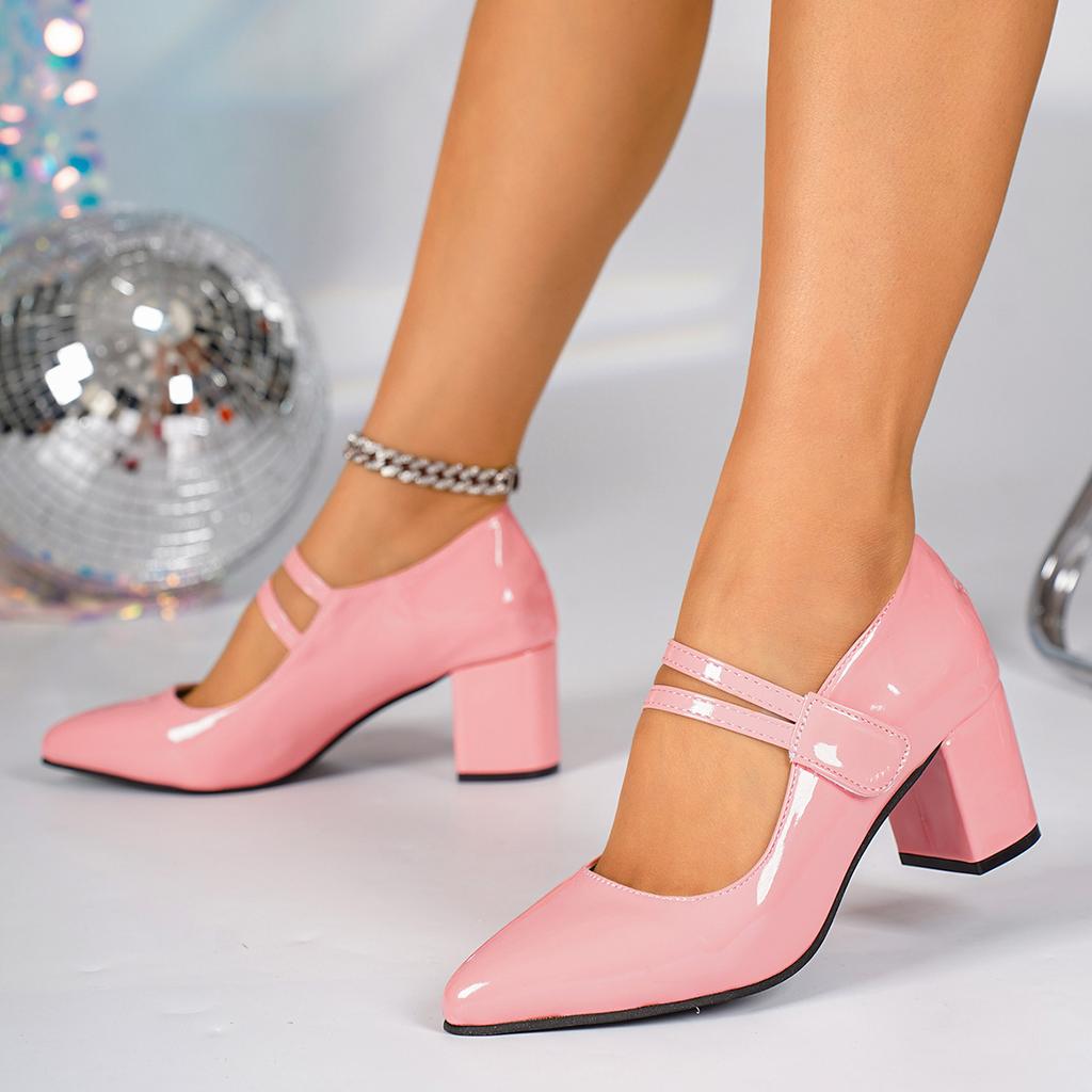 Women Chunky Heels Shoes Strap Pumps Women Elegant Patent Leather High Heels Party Shoes Square Toe Double Ankle