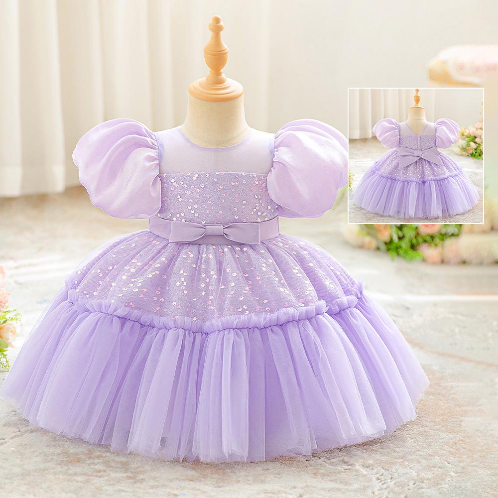 2025 New Children's Sequined Tulle Flower Girl Princess Dress with Puff Sleeves