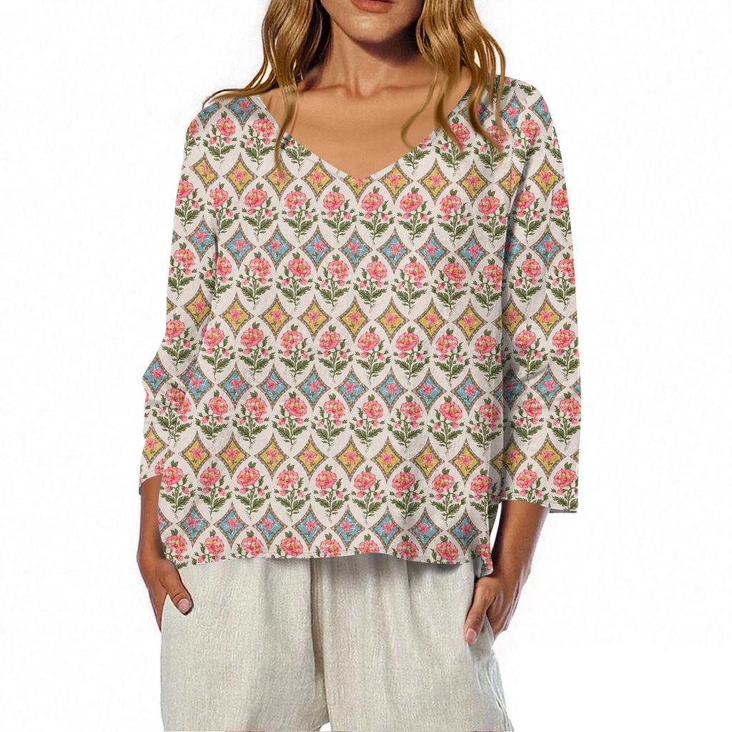 3/4 Length Sleeve Womens Tops Summer Trendy  V-Neck Blouses Dressy Casual  T-Shirt Summer Outfits Beach Vacation