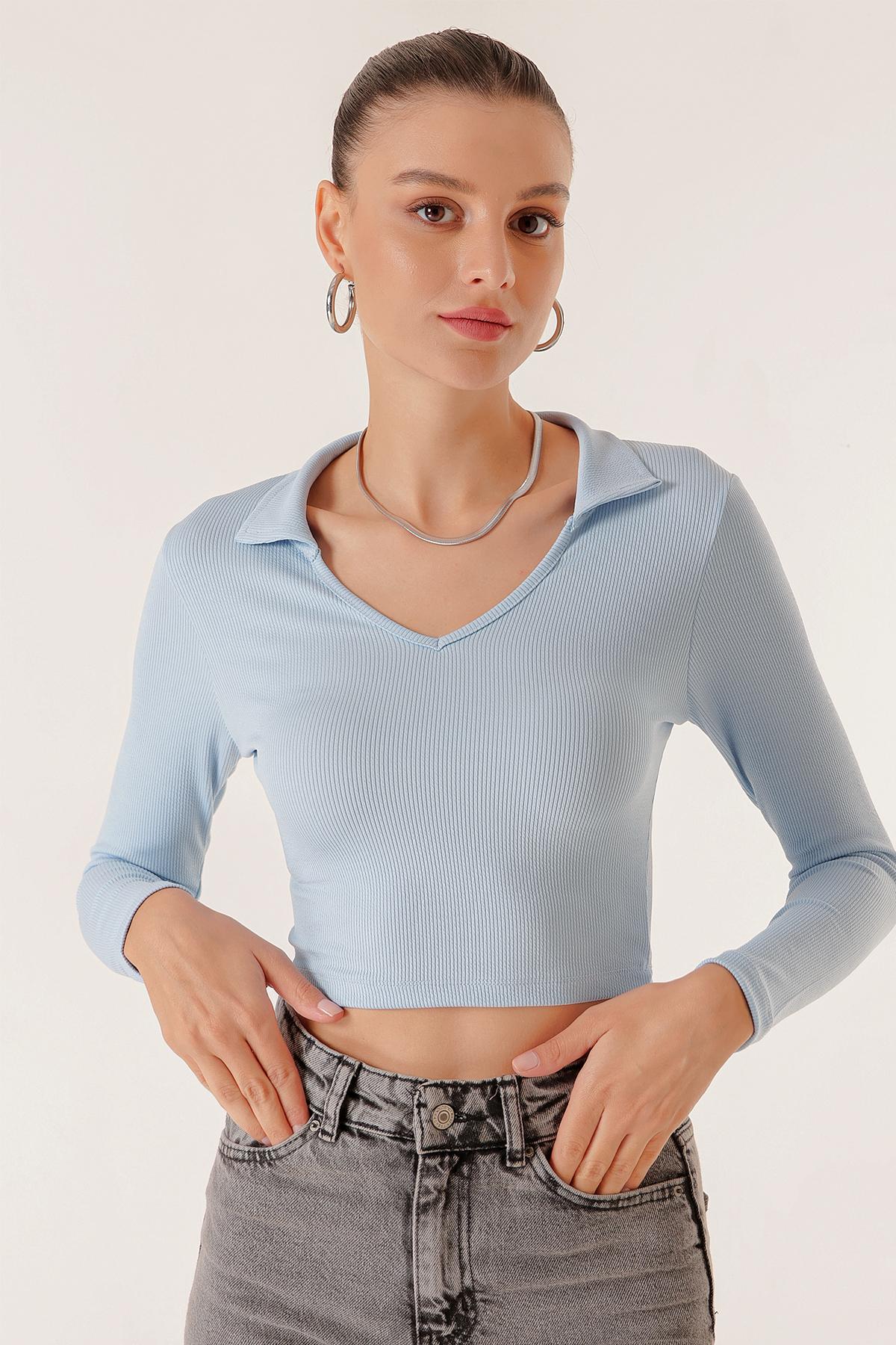 

Polo Yaka Kaşkorse Crop Bluz M бледный церулеан