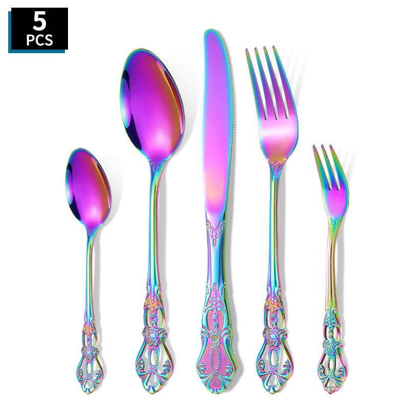 Royal Court Embossed Stainless Steel Cutlery Set – Retro Hollowed Knife, Fork, and Spoon