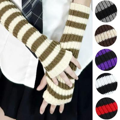 Women's Knitted Fingerless Arm Sleeves Gothic Style Striped Winter Long Arm Warmers Harajuku Wrist Gloves