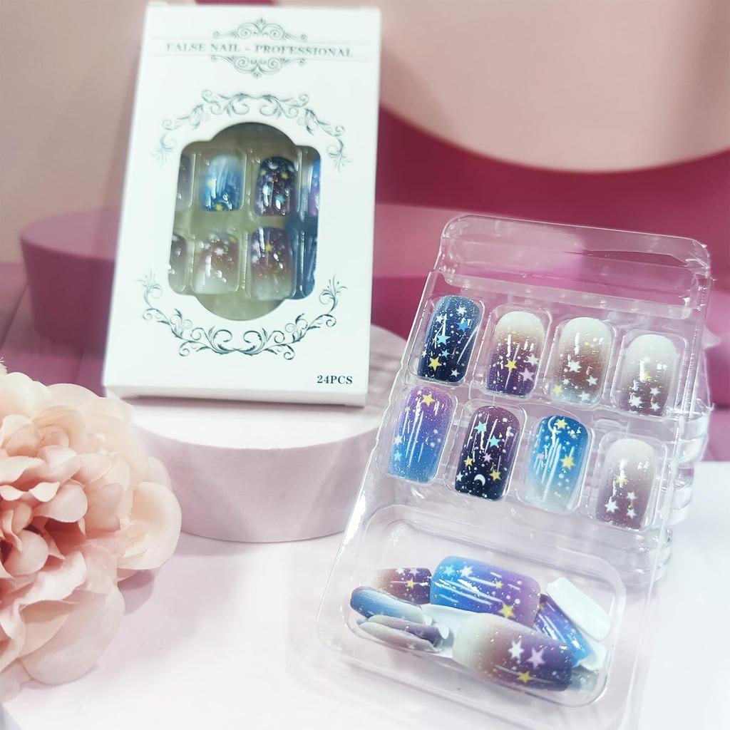 24Pcs Moon Star Press on Nails Glossy Purple Gradient Stick on Nail Medium Square Acrylic Full Cover False Nail Stars Sky Fake Nails Meteor Gel Glue