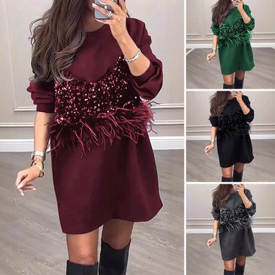 Spring Autumn Women Dress Sequin Feather Decor Fake Two-piece Round Neck Long Sleeves Elastic Cuffs Above Knee Length Mini Dress