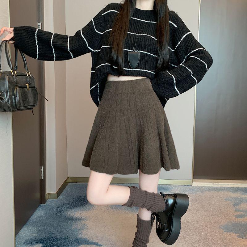 Women's High-Waisted Knitted Midi Skirt - Soft, Milky Color, Flaw-Hiding, A-Line Style for Autumn/Winter