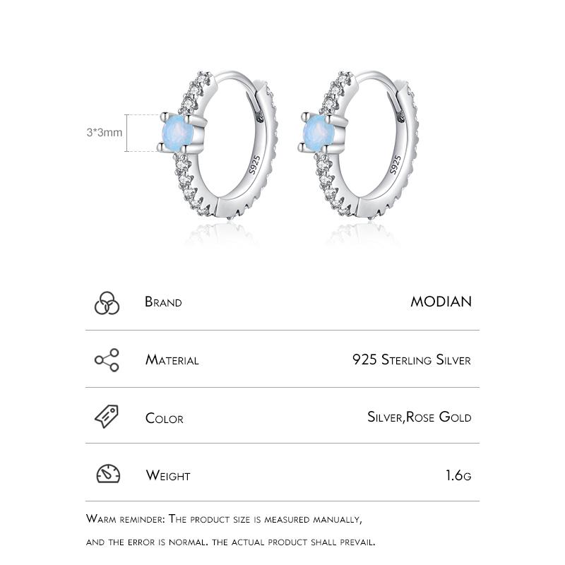 Modian 925 Sterling Silver Shiny Round Blue Opal Ear Buckles Fashion Hoop Earrings For Women Original Design Party Fine Jewelry