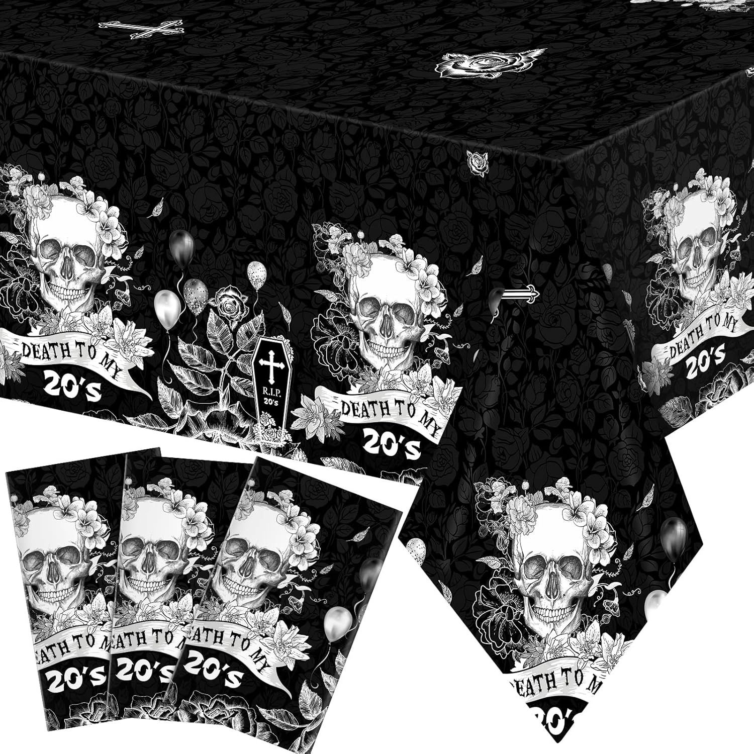 Jetec 3 Pcs Death to My 20s Rip to My 20s Tablecloths, Black 30th Birthday Desk Decorations Plastic Table Cover for My Youth 30th Funeral Party