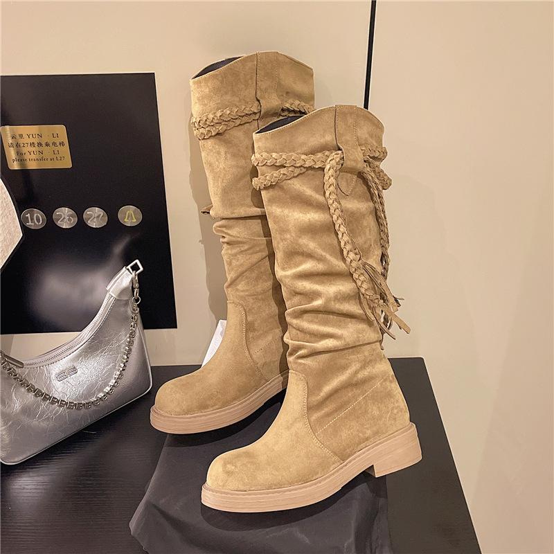 

Wasteland wind fringed knight boots thick heel but knee boots 2025 autumn and winter retro slim pile medium women s boots 40