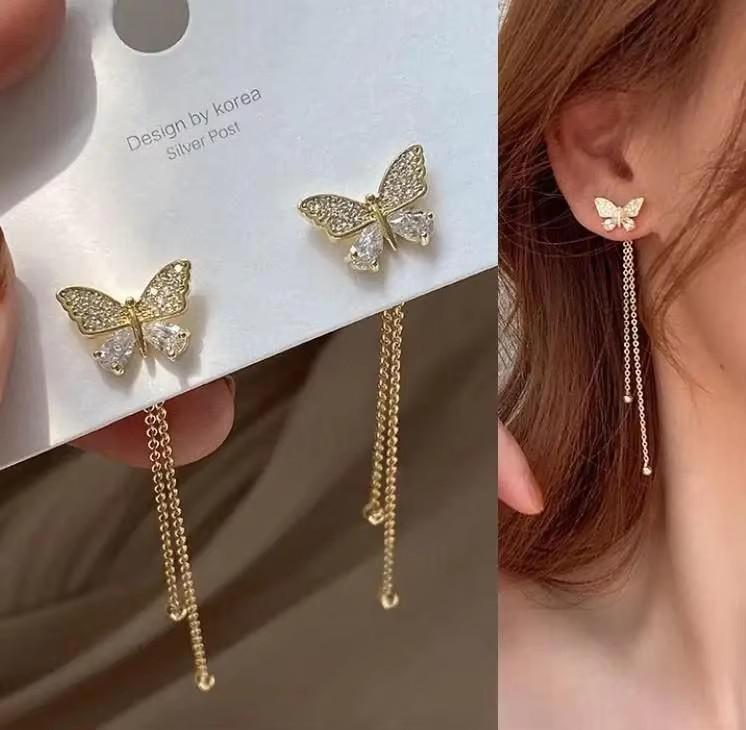 925 Silver Needle Green Red Butterfly Long Tassel Earrings For Women Jewelry Trending Korean Fashion Crystal Drop Earrings