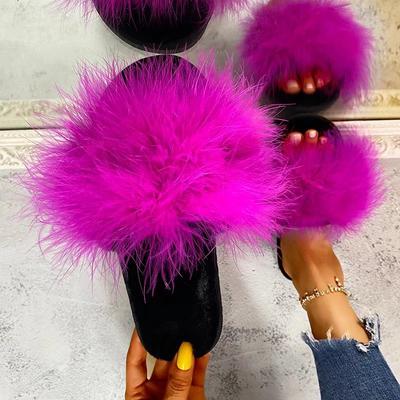 Moda Nuevas Zapatillas de Piel de Verano para Mujer Moda Pantuflas Peludas de Interior para Mujer Zapatillas Planas de Felpa Casuales Zapatillas Esponjosas Zapatillas de Casa para Mujer