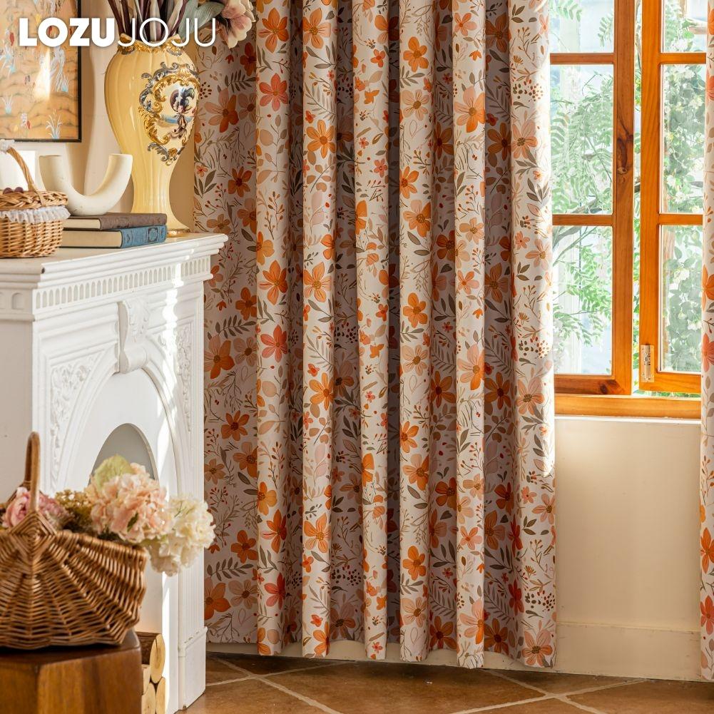 1PC LOZUJOJU French Vintage Orange Floral Print Blackout Curtain 100% Blackout Versatile Curtain for Bedroom Living Room Balcony Window for Home Decor