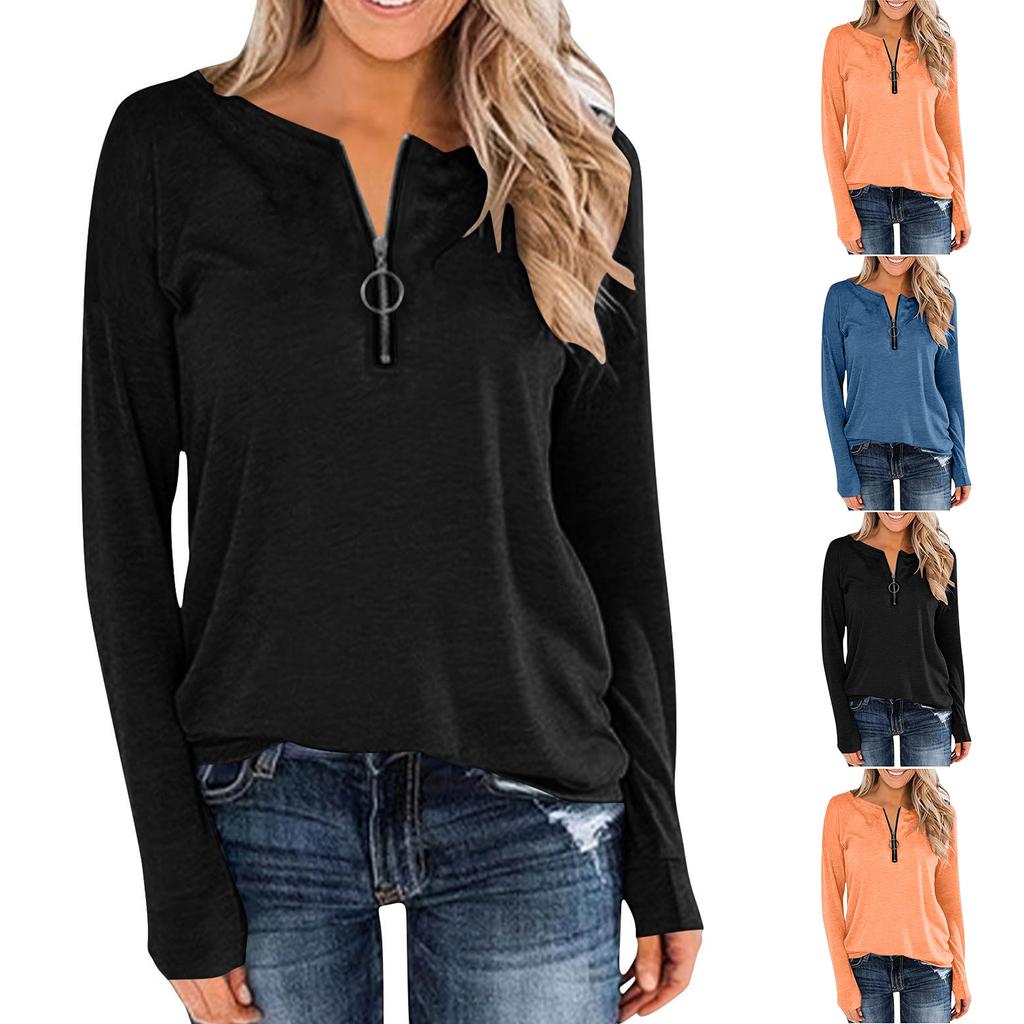 Women's Loose Comfortable Casual Fashionable Long Sleeved Pullover With Zipper And Solid Color Top