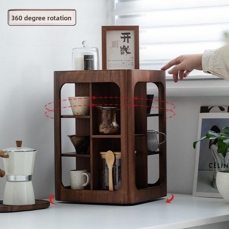BEPAN Rotatable 4-Tier Walnut Wood Storage Rack Desktop Organizer for Cups Coffee Accessories Solid Wood Stand Home Storage