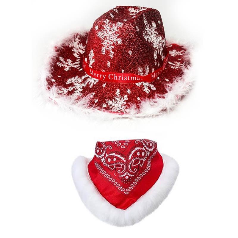Fashion Santa Claus Party Christmas Luminous Cowboy Hat Western Red Felt Hats Wide Brim Cowgirl Hat Jazz Hat For Women Men