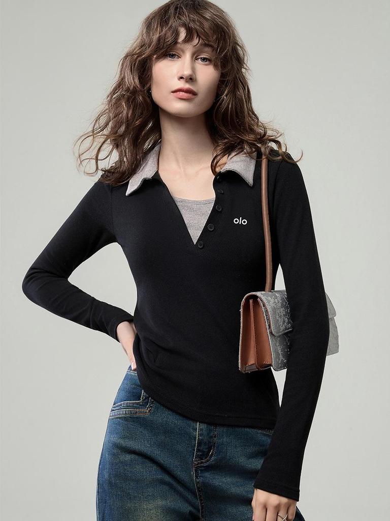 Women's Autumn 2025 Slim Fit Polo Collar Color Block Long Sleeve Top