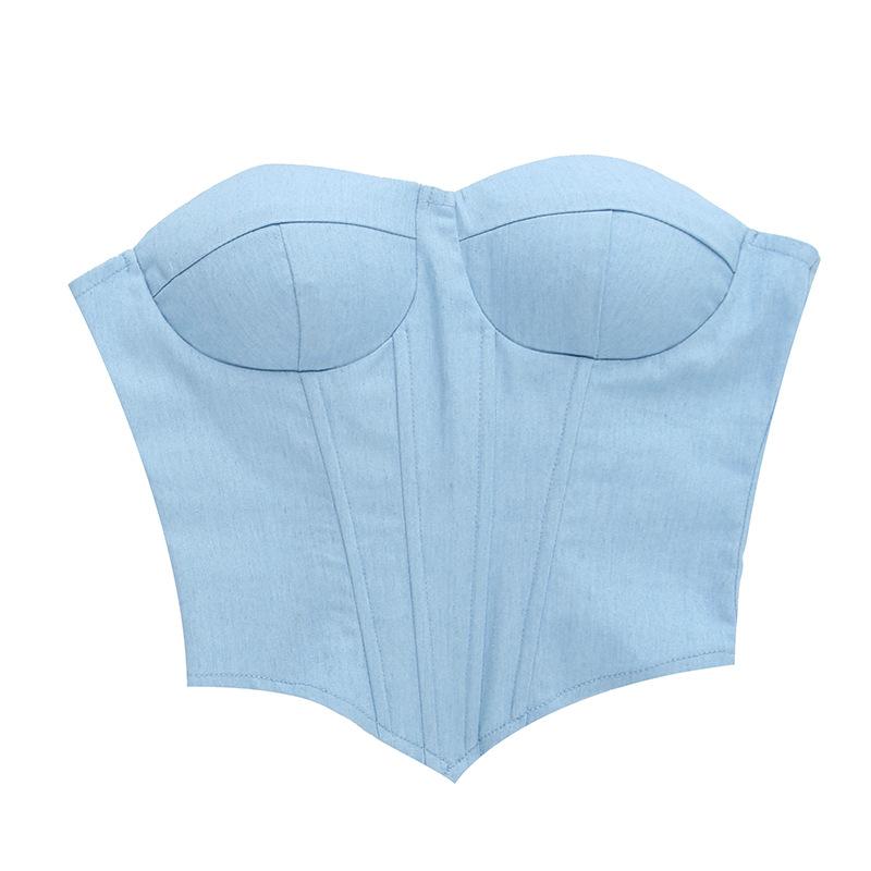 Top tubo de mezclilla sintética con copas para el busto a la moda para mujer Faja Spice Girl Top con escote pronunciado