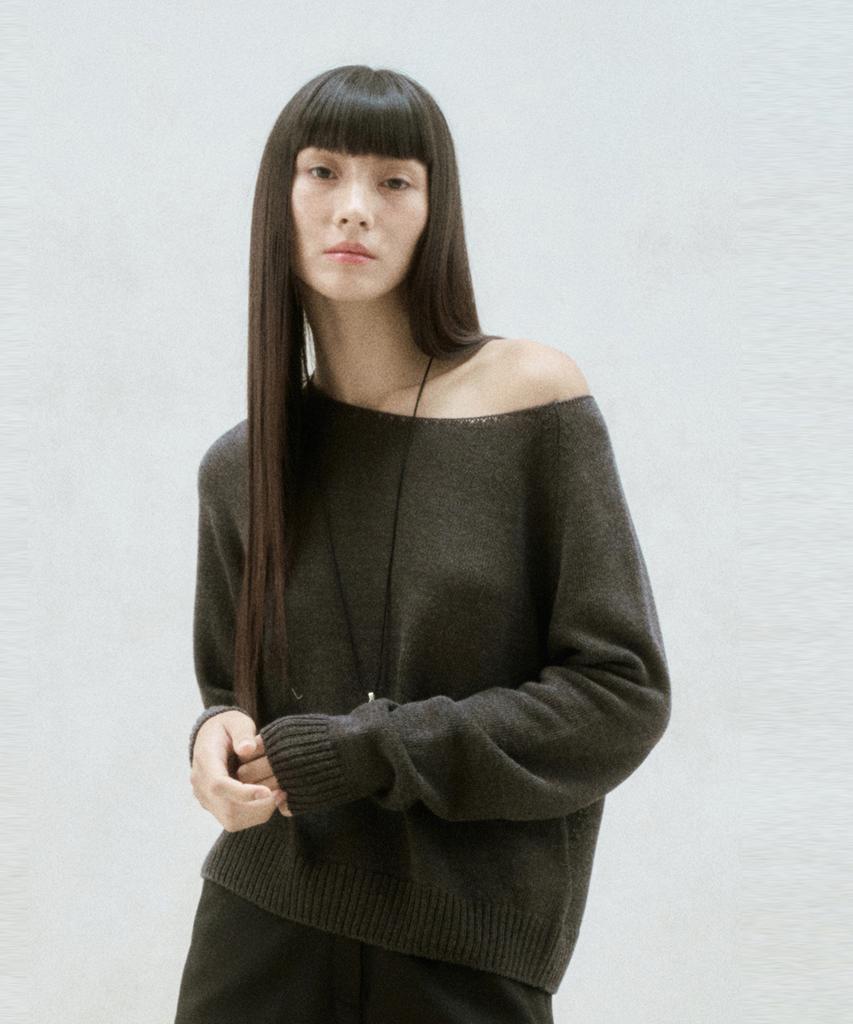 RE RHEE Round Neck Sheer Knit Top Charcoal Gray