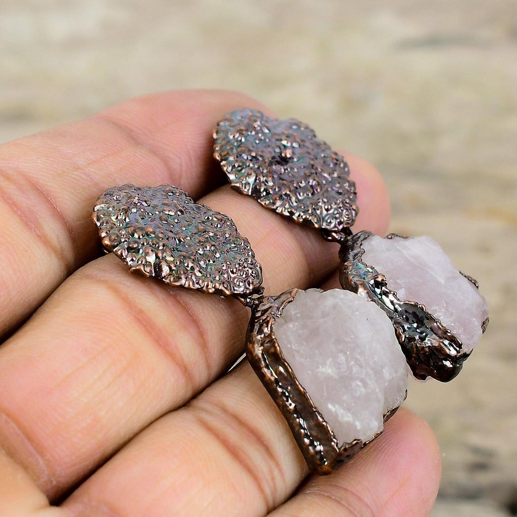 Rose Quartz Rough Earring Gemstone Earring Electroformed Copper Earrings Handmade Electroformed Jewelry Gift For Her Latest Design Earrings