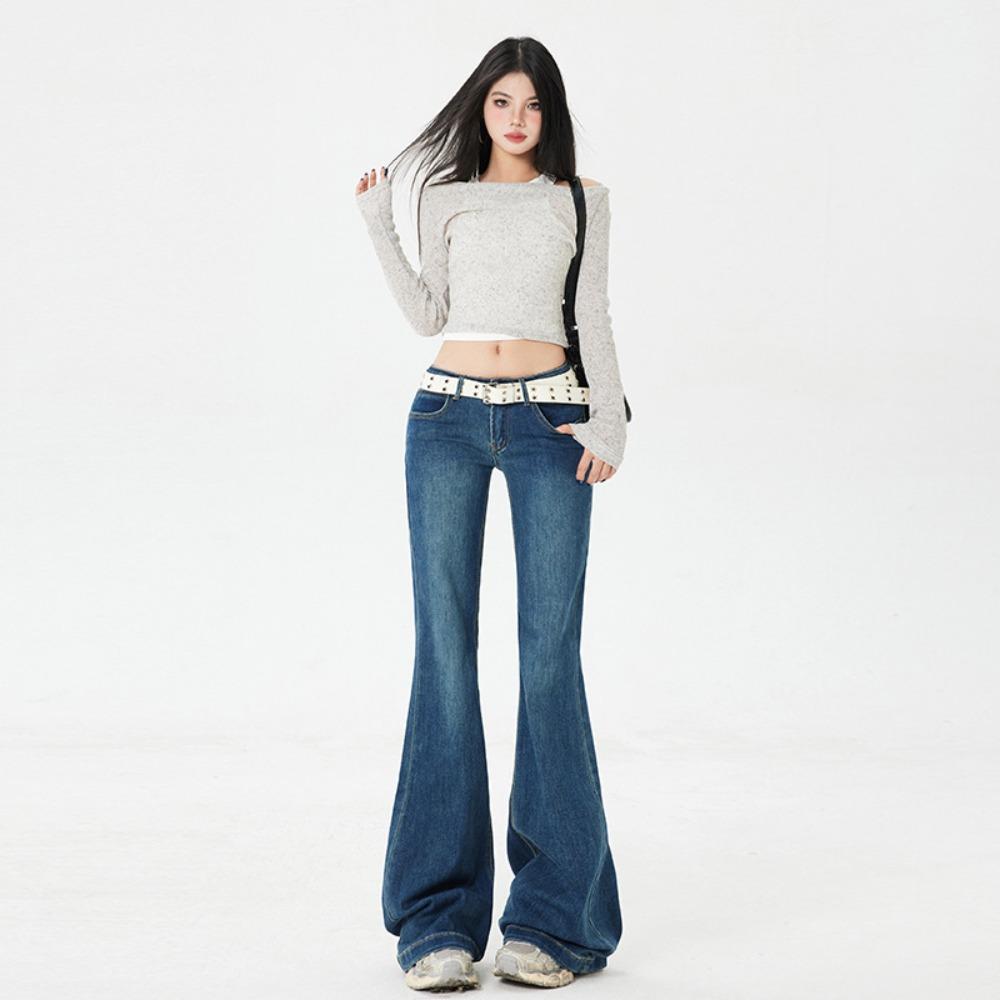 Women's Low Rise Flare Jeans Loose Bootcut Solid Denim Pants Two Length Micro Stretch American Casual Trousers