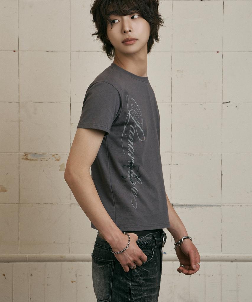 LANARCHIVE [0137] Side Lettering Rope Short Sleeve T-Shirt - Charcoal