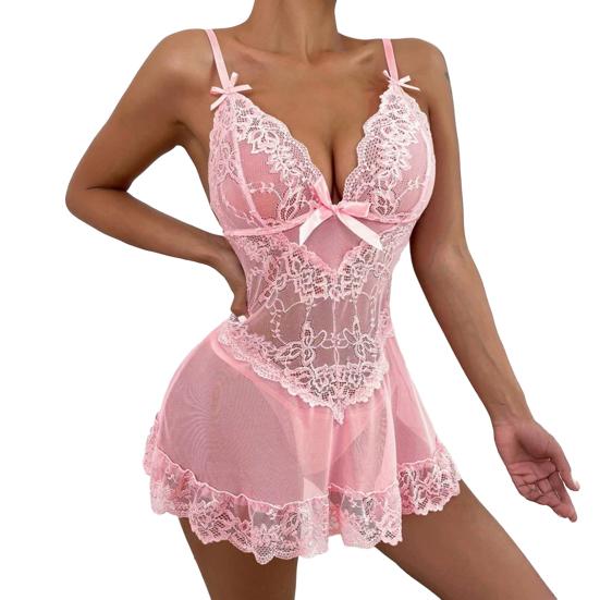 Kadın Seksi Fiyonklu Şeffaf File Babydoll Gecelik Gömlek V Yaka Pijama Takımı G-String Tanga Setli Çiçekli Dantel Boudoir Kıyafetleri