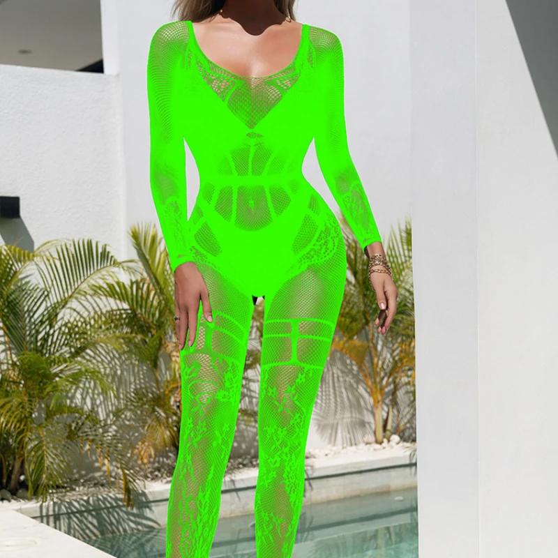 Women Sexy Jumpsuit Bodystocking Fish Net Floral Hollow Swimwear Transparent Mesh Underwear Ultra Thin Sheer Bodysuit Pantyhose