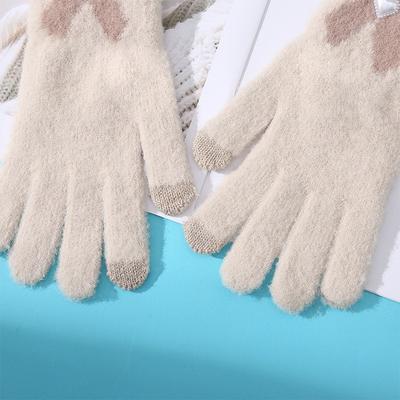 [Solid Color Elegance] New Knitted Thermal Gloves for Women's Winter Cute Bow with Five Fingers