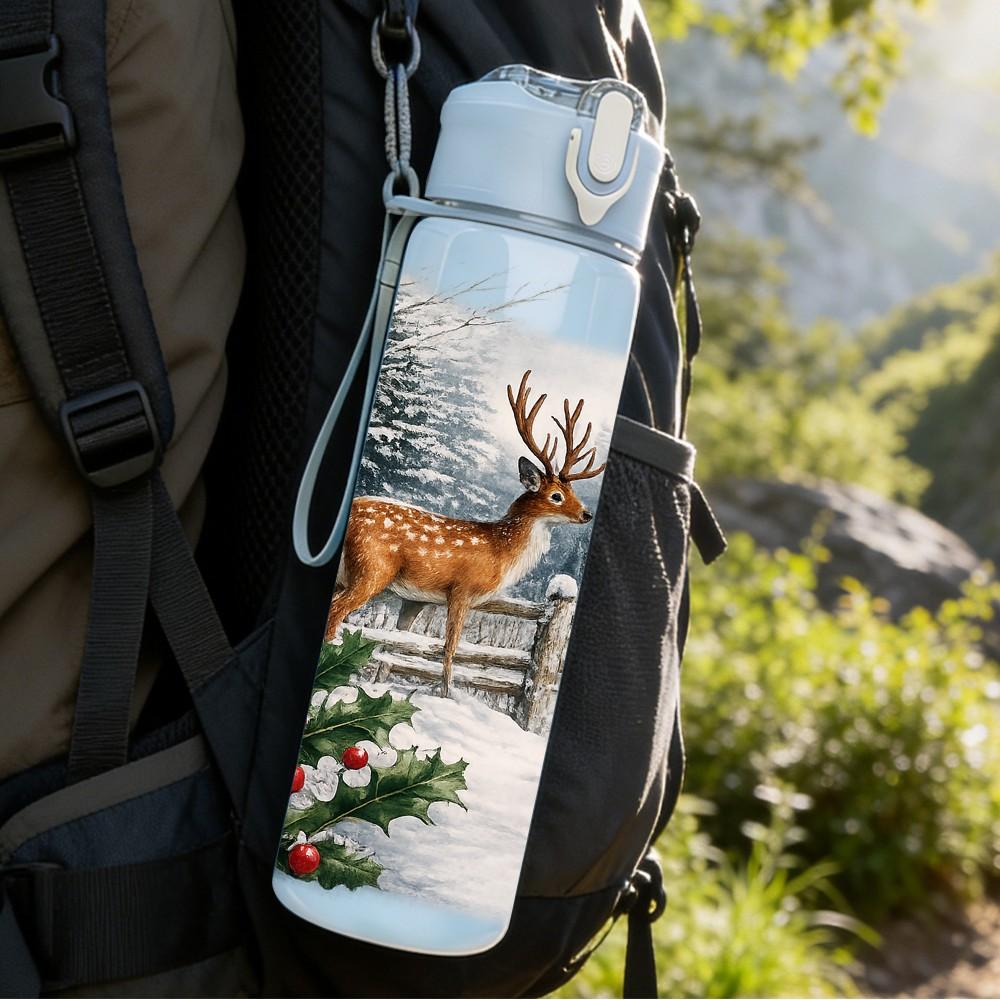 1PC Winter Deer Snow Forest 750ml Color Plastic Sports Water Bottle Leakproof Flip Straw Lid Suitable for Sports Office Home Use