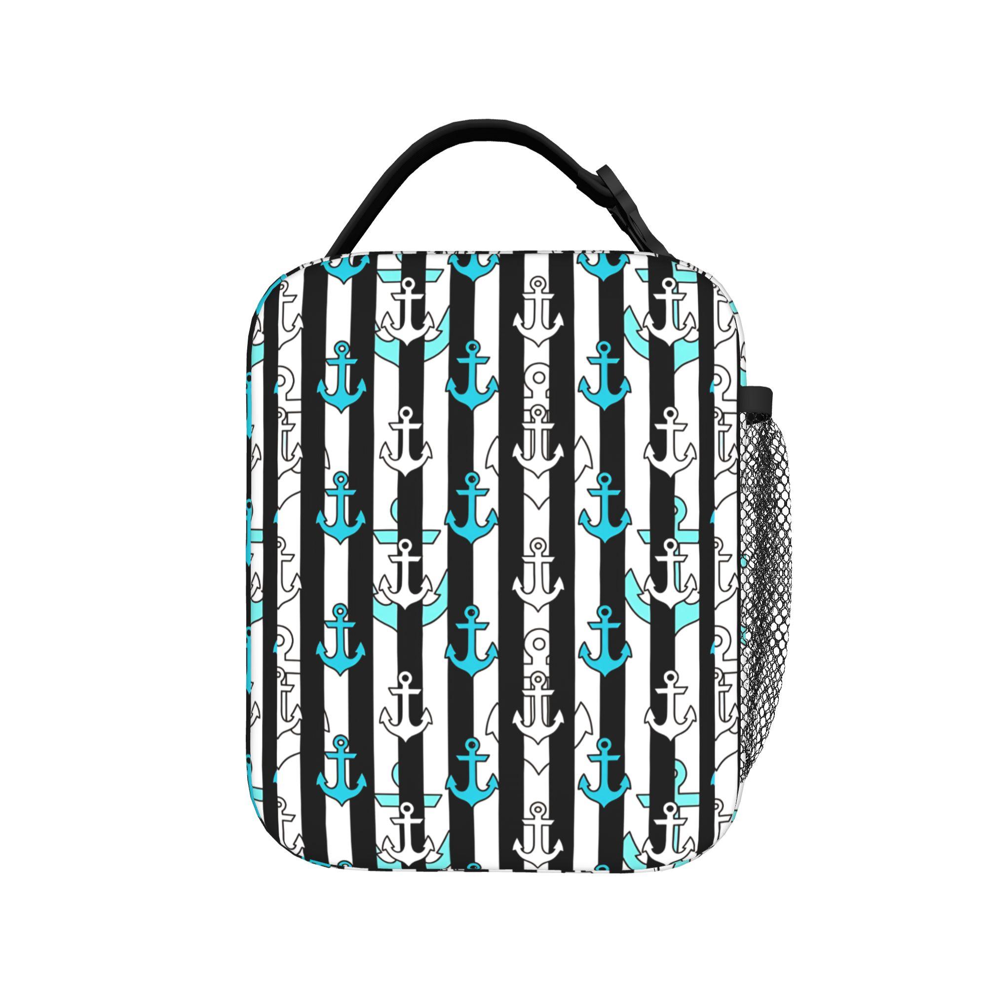 Nautical Blue Anchors With Blue And White Stripes Lunch Bag For Women Lunch Box Fashion Cooler Bag Thermal Tote Handbags One Size