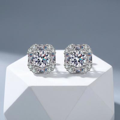 S925 Sterling Silver Platinum Plated Luxury Moissanite Stud Earrings with Square Halo Round Brilliant Cut for Women