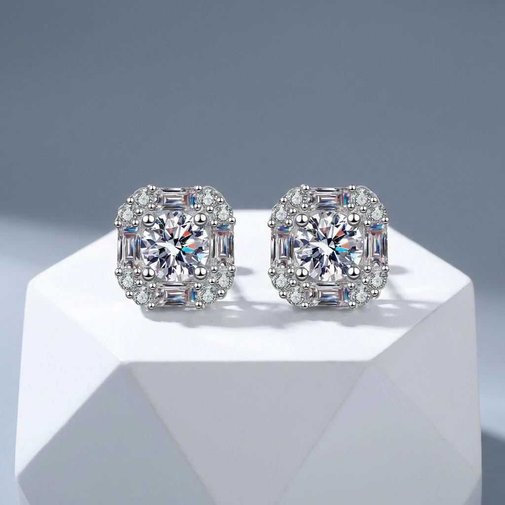S925 Sterling Silver Platinum Plated Luxury Moissanite Stud Earrings with Square Halo Round Brilliant Cut for Women