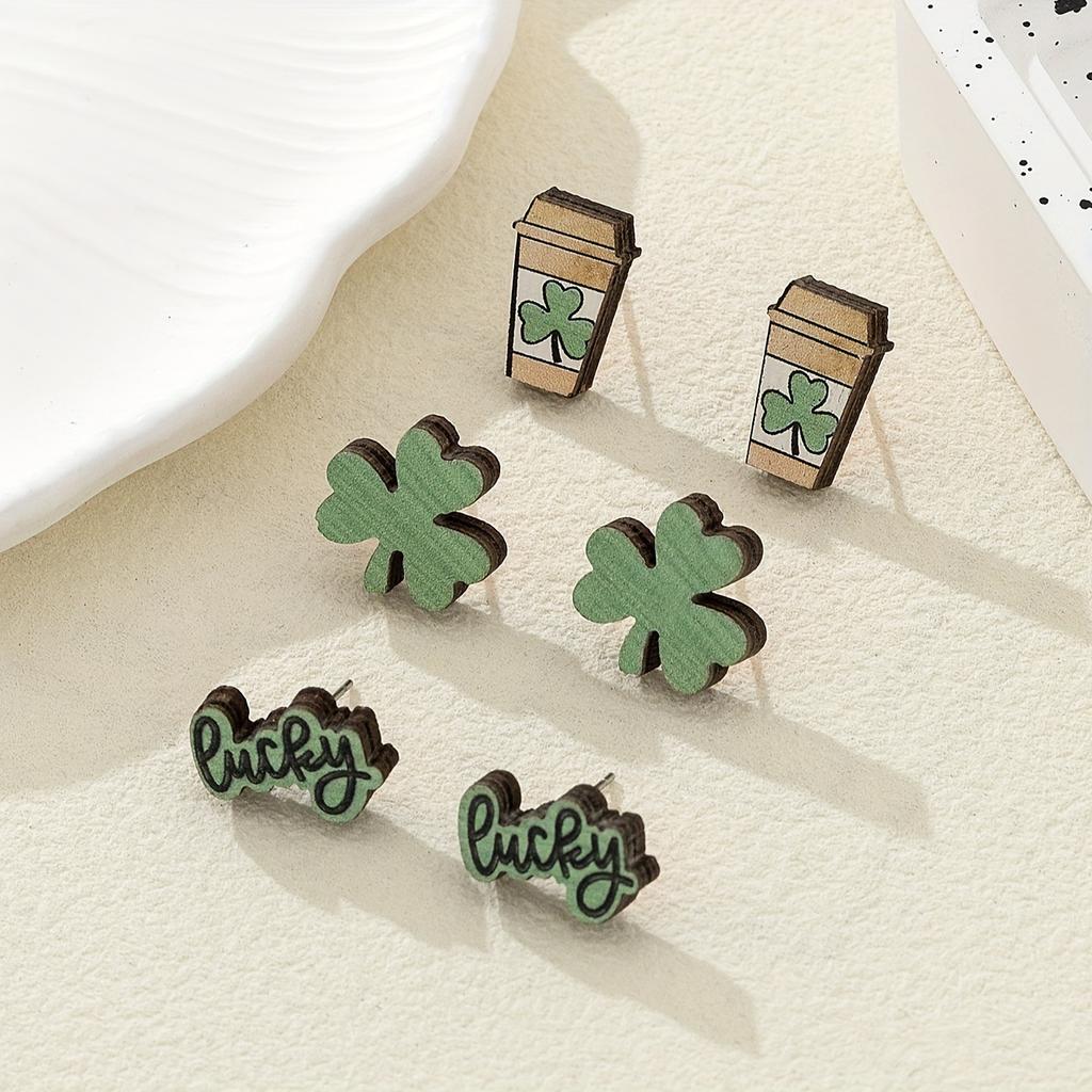 1 Set von 3 Paar Quelle neu Feiertag St. Patrick's Karneval laserbedruckte Holzstecker-Ohrringe