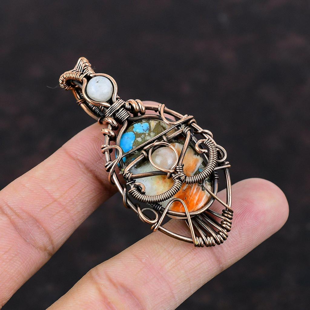 Evil Eye Spiny Oyster Copper Turquoise Pendant Copper Wire Wrapped Pendant Gemstone Jewelry Moonstone Pendant Handmade Jewelry Gift For Him
