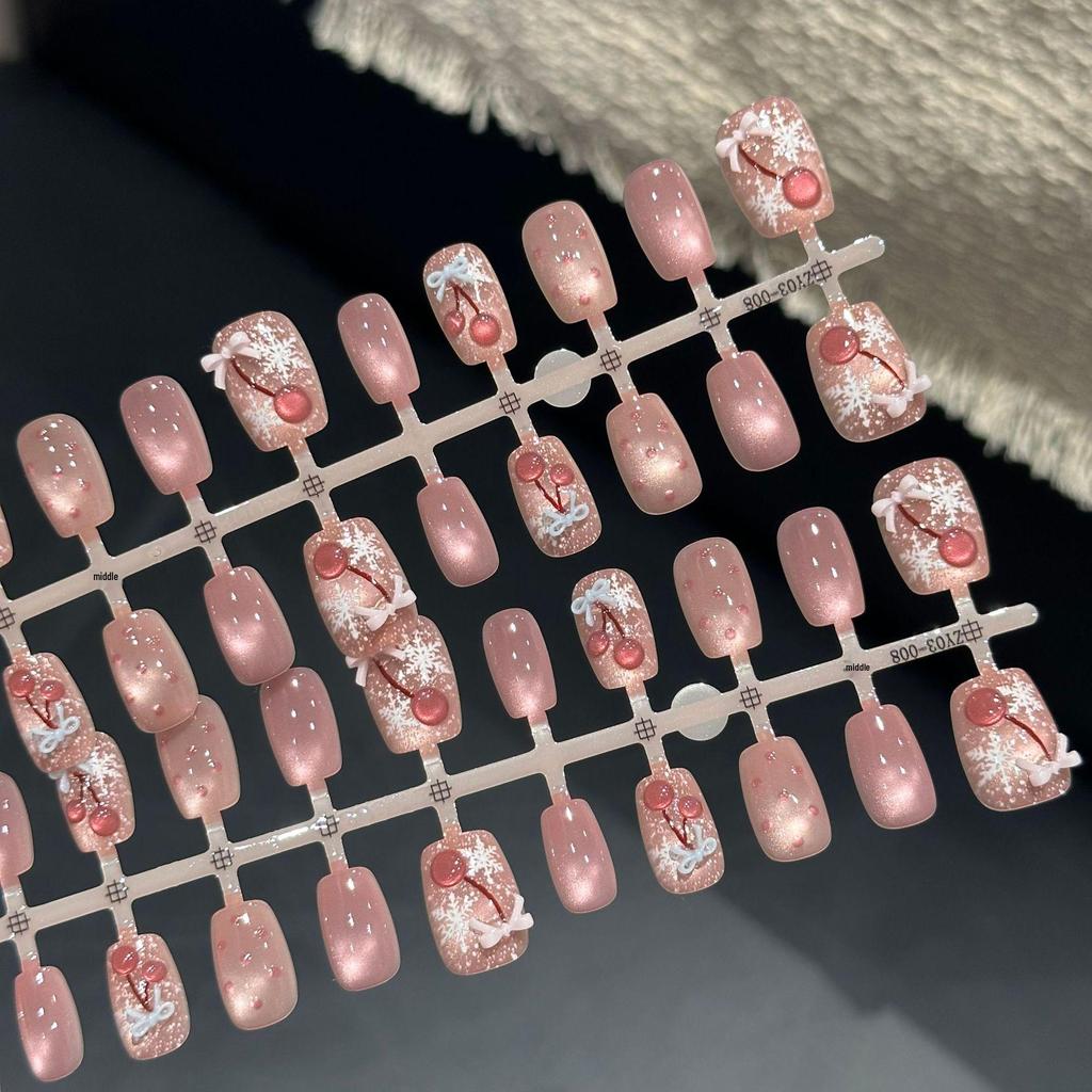 30-Piece Sweet Cherry Resin Nails: Pre-Made Short Ladder Design for a Luxurious and Brightening Princess Look