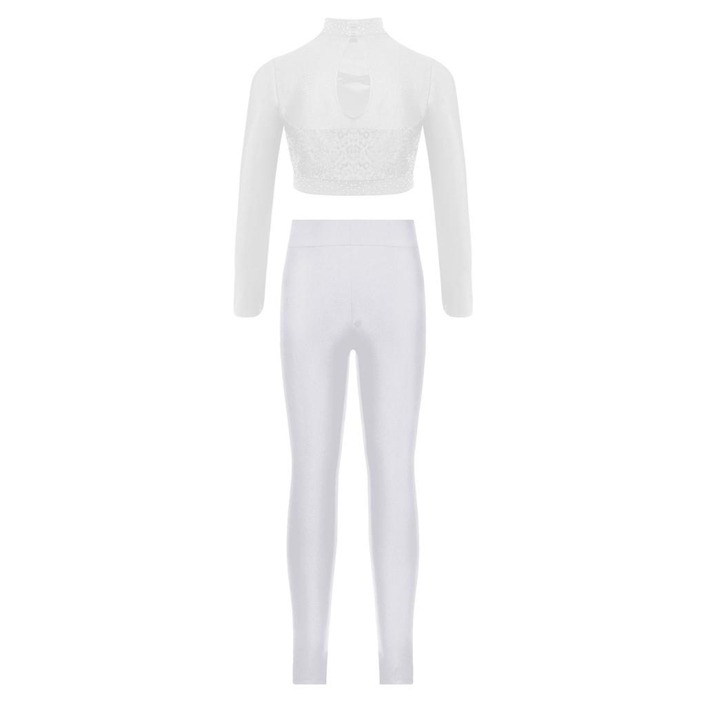 Girls Mock Neck Long Sleeve Mesh Patchwork Shiny Sequins Crop Top Elastic Waistband Leggings Jazz Dance