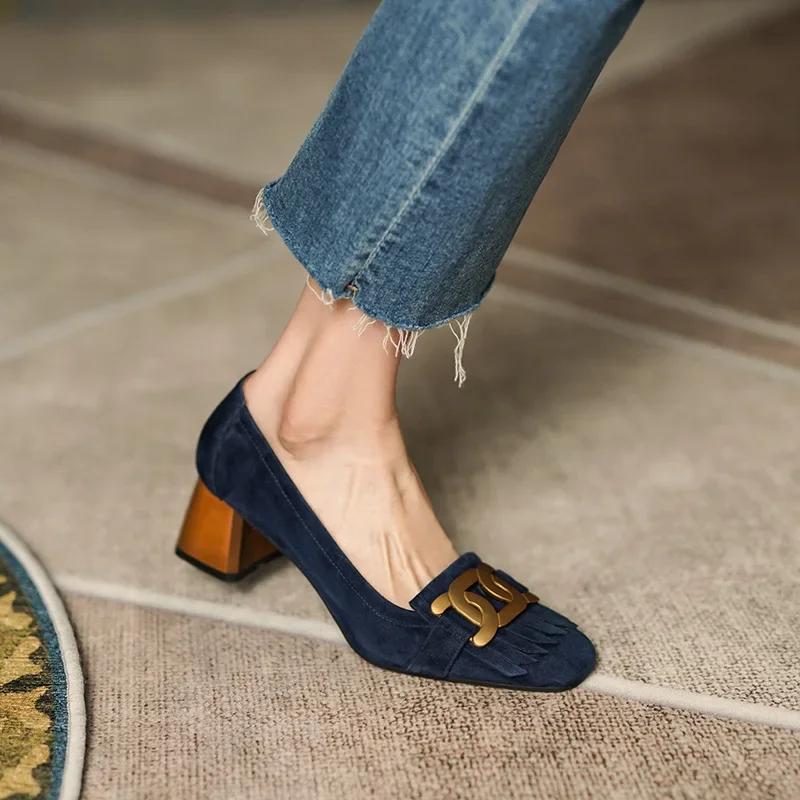 

Fashion Fashion Retro Women Shoes Spring Summer French Minimalist Metal Buckle Thick Heel Women Leather Shoe Comfor Versatile High Heels 34