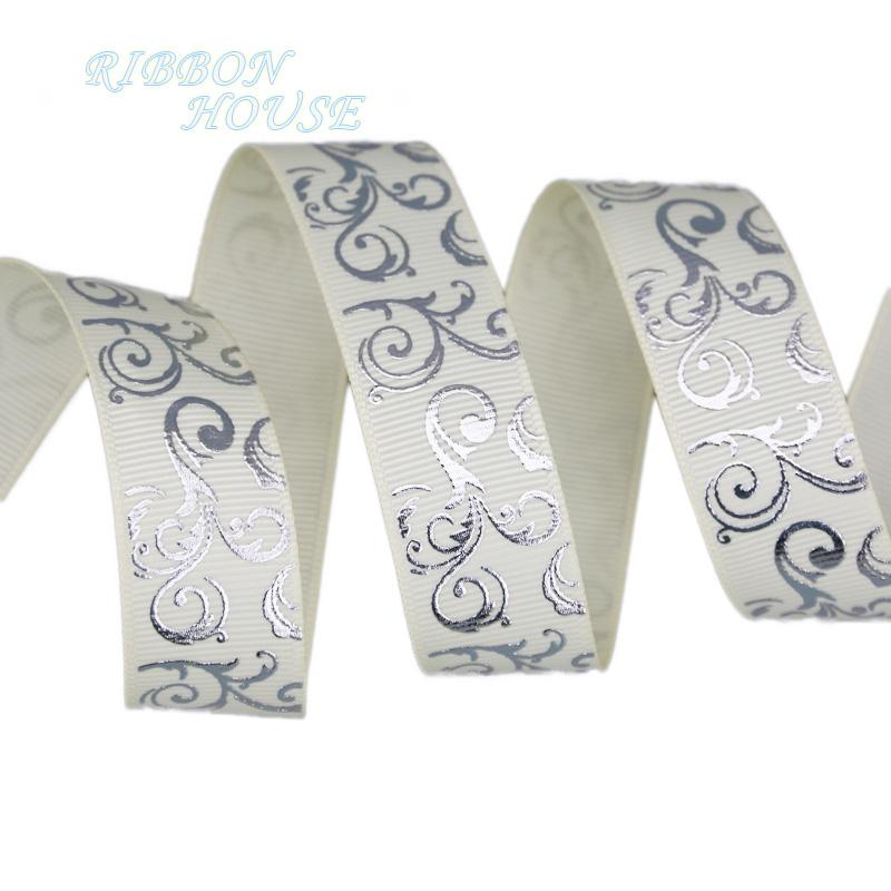 (10 Yards/lot) 25mm White Hot Stamping Silver Foil Grosgrain Ribbon Gift Wedding Ribbons Wholesale